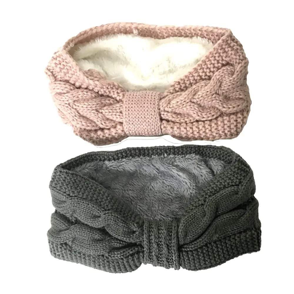 Fashion Culture Women's Braided Knit Soft Fleece-Lined Headband Ear Warmers, 2-Piece Set, Pink/Grey, Two Piece