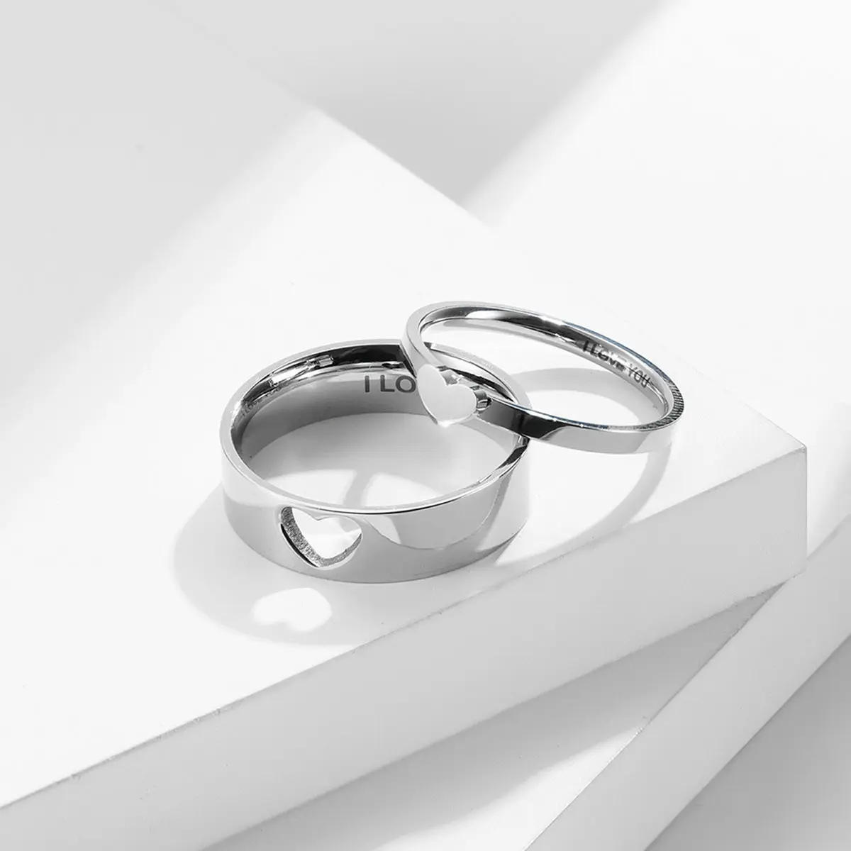 Heart Promise Rings for Couples, Stainless Steel Fit-Together Matching Set with 'I Love You' Engraving, Romantic Anniversary Jewelry Gift, Promise Ring