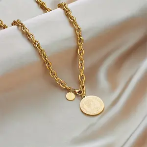Golden-Tone Stainless Steel Coin Pendant Necklace with Engraved Portrait Design �C Hip Hop Jewelry Gift for Men and Women, Bohemian Style, Necklace