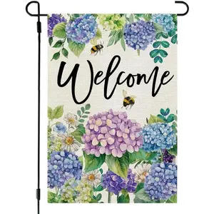 Spring Garden Flag Floral Hydrangea Double Sided 12x18 Inches Linen Welcome Holiday Seasonal Yard Decoration for Outside Porch, No Flagpole