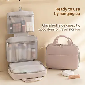 Multi-Use Hanging Storage Bag Foldable Travel Organizer Case Large Capacity Toiletry Makeup Waterproof PU Leather Portable For Home Bathroom Dorm Business Trip Lightweight Misty Rose large capacity travel toiletry bag