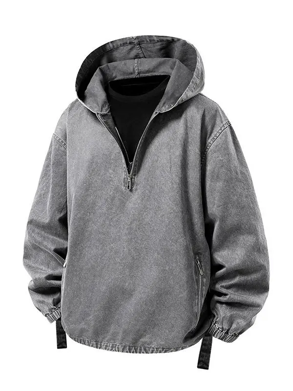 Gentlemen Hooded Half-Zip Pullover Jacket Washed Vintage Texture 100% Cotton Fabric Soft Breathable Comfort Roomy Easy Layering Secure Zipper Pockets Adjustable Hem Elastic Cuffs Outdoor Everyday Wear Hiking City Walk Camping Travel Apparel Coats 2-Colors