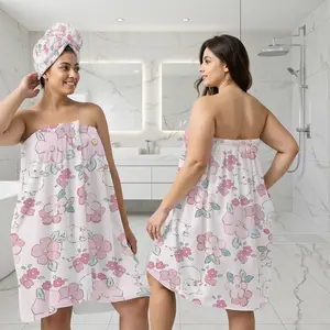 Women's Full Size Bathrobe Set with Dry Hair Cap, Wearable Towel Dress + Dry Hair Hat Combo, Super Absorbent Quick Drying, Spa Travel Essential