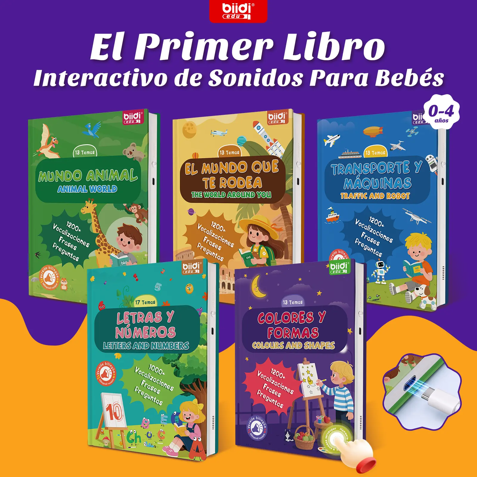 Bilingual Spanish–English interactive electronic language learning toy for children, featuring 600+ sound effects, dual-language teaching cards, a learning board, preschool alphabet tools, and sensory play for ages 0–4. Ideal as a travel or birthday gift,