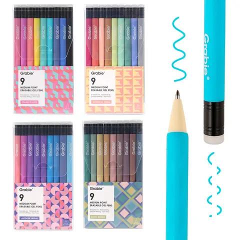 Grabie 9-Piece Medium Point (0.7mm) Erasable Gel Pen Set - Colored Pens for Note Taking, Stationery Supplies, College Supplies, Smooth Writing Ink, Back to School Haul Gift, Office Accessories, College School Supplies