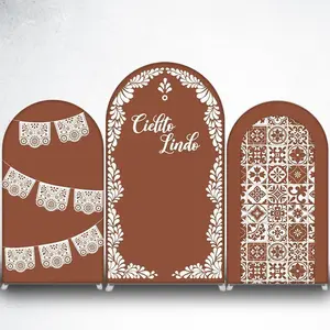 15-day 2D Flat Delivery Brown Cielito Lindo Arch Backdrop Cover with White Floral Border for Mexican Theme Party