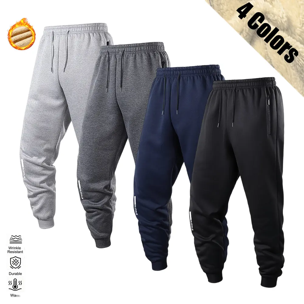Thickened fleece athletic sweatpants for autumn/winter, minimalist urban street style, tapered cuffed design, polyester outer fabric that resists wrinkles, drawstring waist, zippered pockets with anti-theft security, convenient for storing personal items,