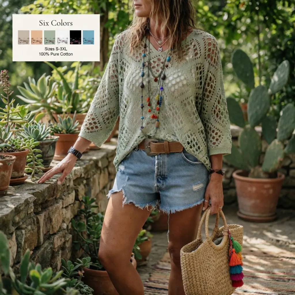 Summervibes Soft Cotton Mesh Crochet Pullover | Lightweight Boho Beach Cover Up | 100% Cotton Sustainable Fashion