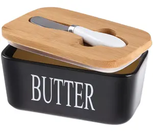 Butter dish with lid, suitable for countertop large butter dish ceramic butter storage container, silicone seal butter dish with lid black