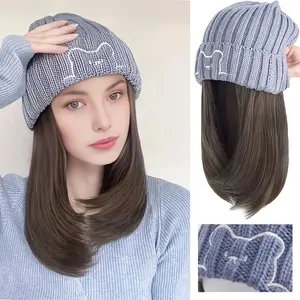 10-inch Synthetic Hair Extensions Winter Beanie Topper Cable Knit Slouchy Hat Wig Combo Warm Fashionable Headwear for Autumn Winter Halloween Christmas Women's Stylish Accessory
