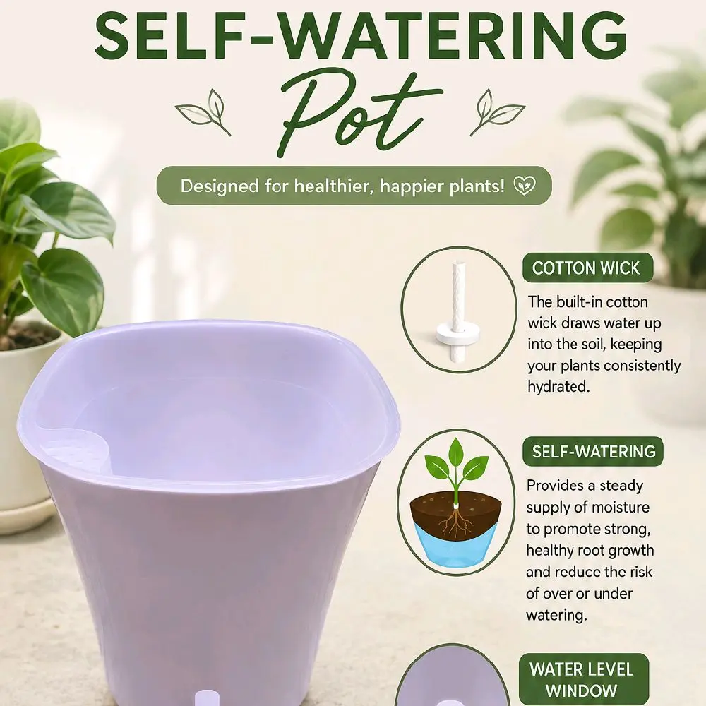 Plastic Self Watering 2 Piece Decorative Indoor Plant Pots, Planting Container for Home Garden Supplies Decor, Pots For Indoor Plants