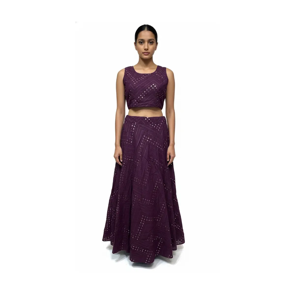 #K5 Stunning Plum Purple Lehenga Set with Mirror Work | Festive Crop Top & Skirt