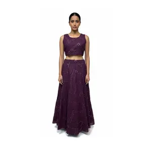 #K5 Stunning Plum Purple Lehenga Set with Mirror Work | Festive Crop Top & Skirt