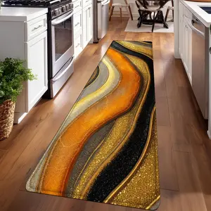 1PC， Black Gold Orange Wave Texture Patterned strip rugs, Abstract Rugs, home décor, bathroom mats, entryway mats, bathroom non-slip mats, indoor entrance rugs, bedroom bedside mats, kitchen mats, hallway rugs, flannel sponge rugs, hallway runner rugs