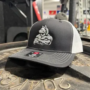 Wolf Logo Trucker Hat - Black & White Mesh Design, Adjustable Fit, Perfect for Gym & Outdoor Activities