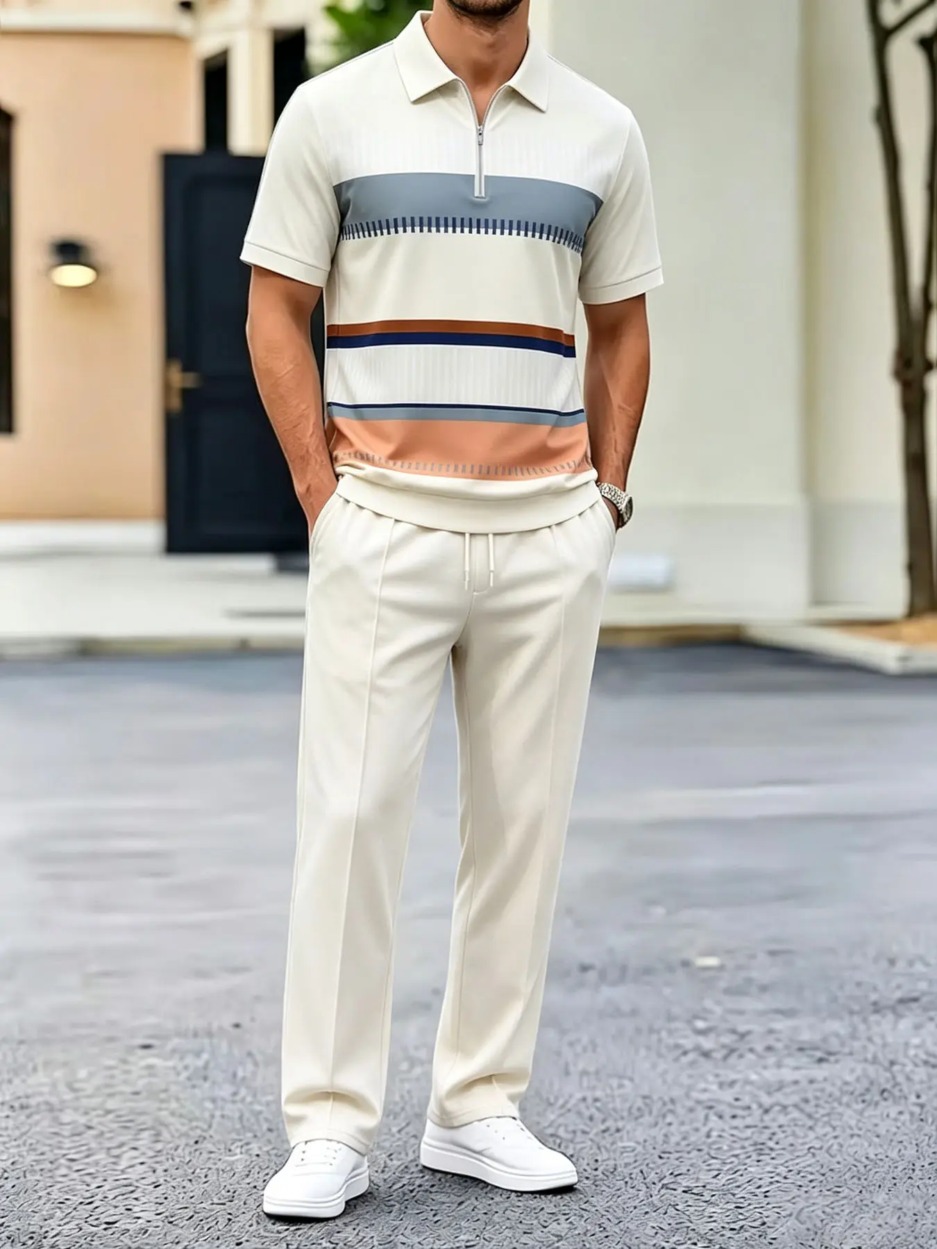 Men’s 2-Piece Polo Outfit Set: cream color-block striped half-zip short-sleeve top and straight long pants with drawstring; soft, breathable summer matching suit for men suitable for business and everyday wear.