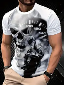 Men's motorcycle skull print crew neck short-sleeved shirt, summer casual fashion outdoor street sports top