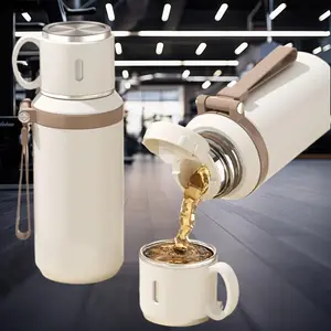 Stainless Steel 600ml Vacuum Flask Portable Coffee Cup with Lid Double Function Coffee & Water Bottle for Camping Cycling Car Home Office Drinkware Lightweight Winter Beverage White