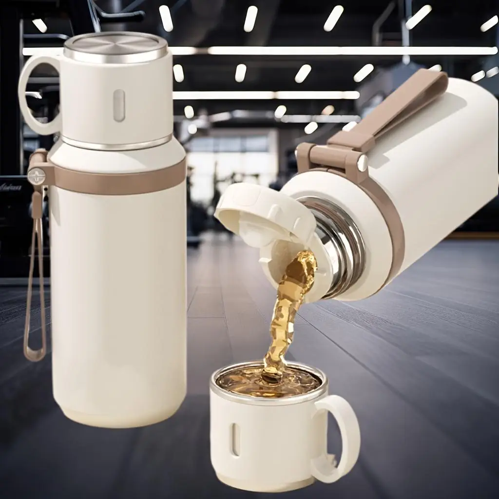 600ml Vacuum Flask, Portable Coffee Cup with Lid, Double Function Coffee Cup, Outdoor Water Bottle for Camping, Cycling, Car, Home, Office, Drinkware