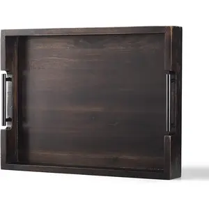 Ottoman Tray, Acacia  Serving Tray with Metal Handles, 16.5x12.5in  Drinks Tray for Coffee Table, Breakfast, Dinner & Bar, Rustic Decorative Storage Tray for Ottoman, Kitchen, Packaging