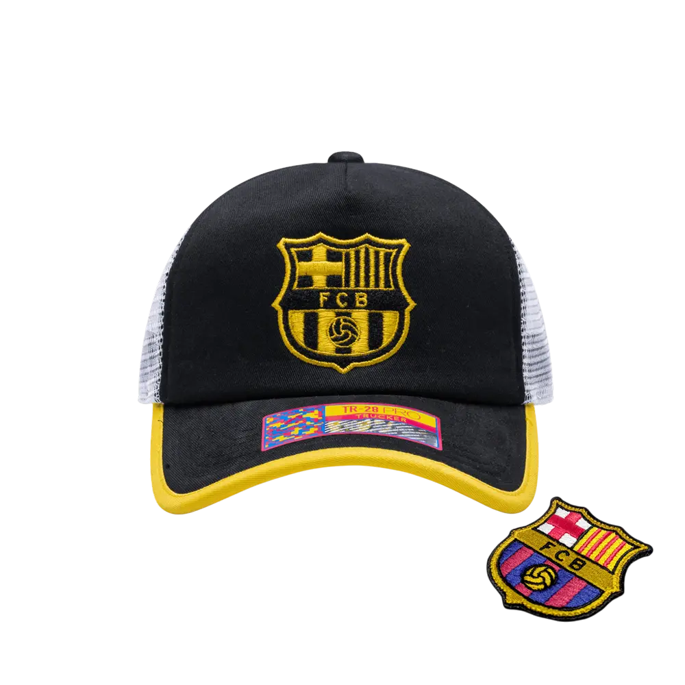 Fan Ink Barcelona One8th Snap Strike Trucker Hat - Customizable Front Patch, High-Crown Peak, Team Home Color-Wrapped Peak, Breathable Mesh Back Airflow, Adjustable Snapback for Soccer
