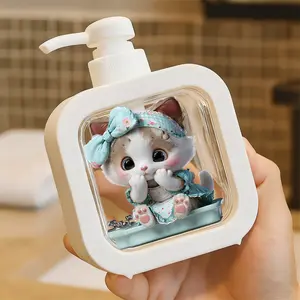 Cute Cartoon - like Kitten Bathing Soap Dispenser - Moisturizing Hand Pump Bottle with Pink Polka Dot Outfit, Blue Floral Headband, Silver Faucet, White Background, Water Droplets, Bathroom & Kitchen Use, Decorative Design for Bathing Scenes