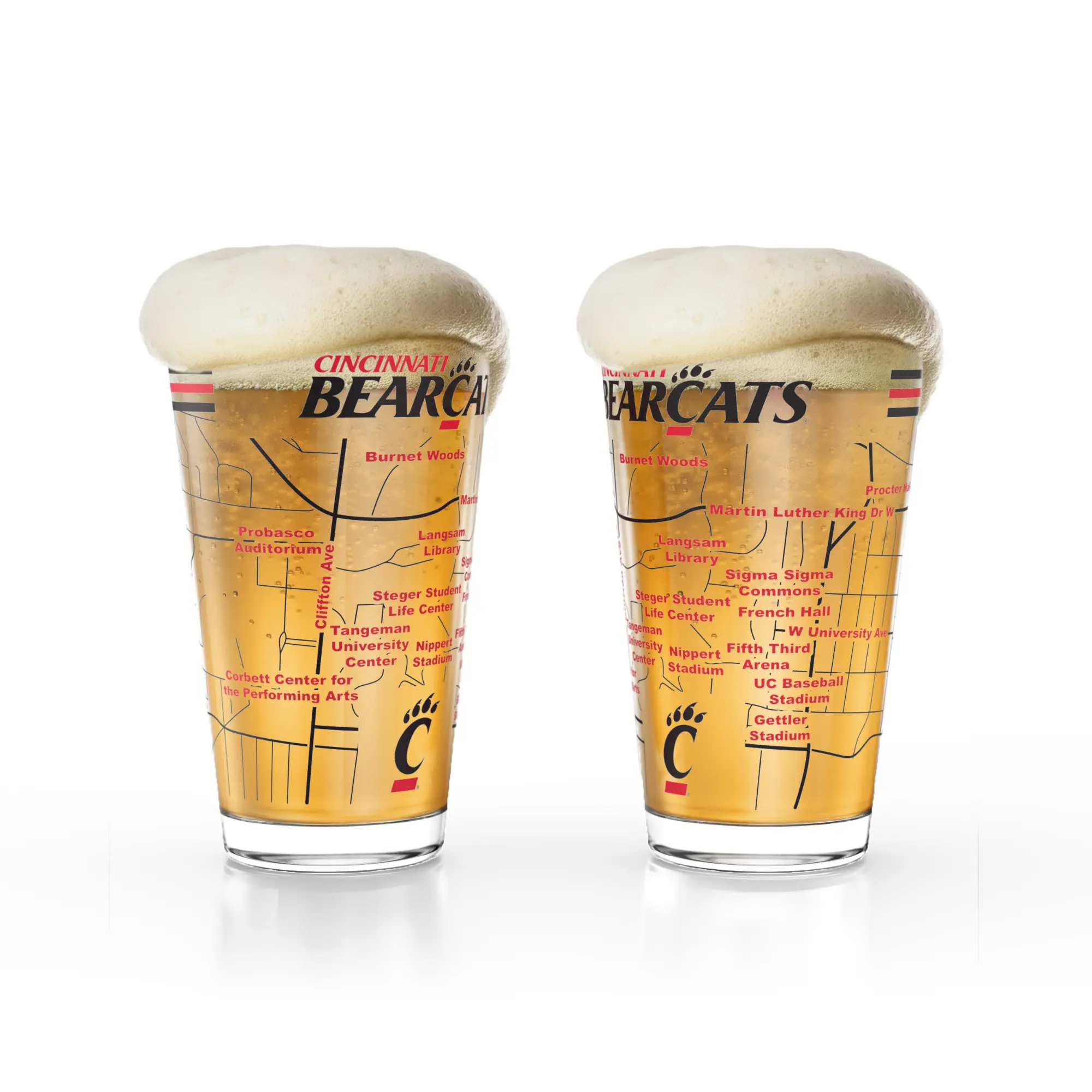 University of Cincinnati Bearcats Pint Beer Glasses Set of 2, 16 oz Pint Glasses with Full-Color Logo & Campus Map – Officially Licensed Beer Glass Gift for Alumni & Fans by Greenline Goods