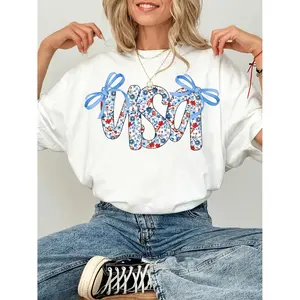 Women's Patriotic American Flag Floral Bowknot Print Short Sleeve TShirt Plus Size Lightweight Breathable Casual Blouse for Independence Day Holiday Festive Outfit