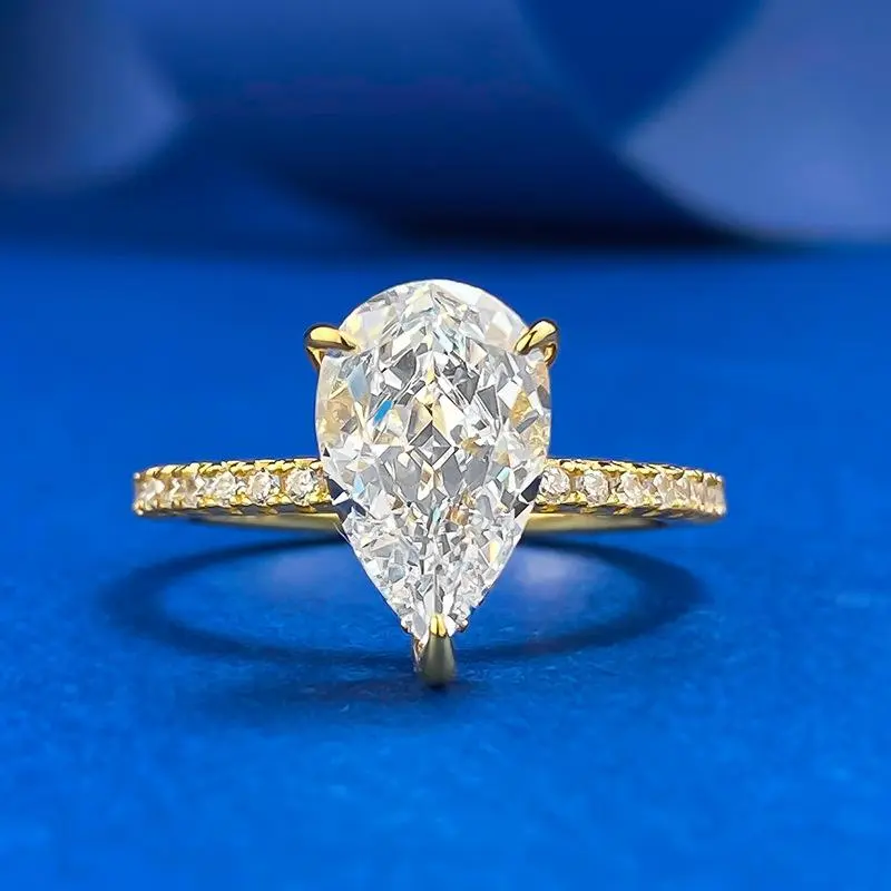 Women's Elegant Engagement Ring, S925 Sterling Silver, 3-Carat Pear Shaped Ice Flower Cut Synthetic Moissanite (7X11mm, 0.5-Carat & Above), Classic Daily Wear Ring-216