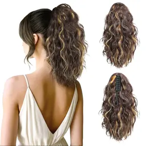 Claw Clip Ponytail Extension 14 Inch Wavy Curly Synthetic Hairpiece for Women Dark Brown with Highlights Natural Look Easy Attachment Daily Party