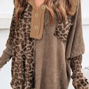 Oversized Henley Shirt in Khaki with Leopard Print Waffle Knit.