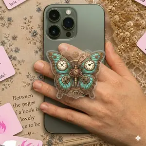 Steampunk Butterfly Phone Grip Clear Acrylic Griptok - Aesthetic Mechanical Teal Blue Insect Cell Phone Stand Holder, Vintage Gears Clockwork Kindle Ereader Ring Accessory, Gothic Whimsical Gift for Bookworms E-Girls