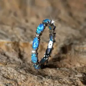 Blue Opal Band Ring Exquisite Finger Jewelry Decor Plated Statement Ring