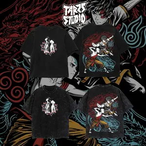 [ TARO STUDIO ] Avatar The Last Airbender Vintage Washed Oversized T-Shirt – Aang Zuko Elemental Fight Anime Graphic Tee, Anime Streetwear Apparel, Soft Cotton Casual Unisex Top