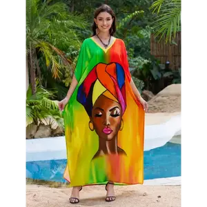 Bohemian style [Vibrant Print Kaftan] Vibrant Print Kaftan Beach Cover-Up - Loose Fit, Sun Protection, Machine Washable, Boho Chic Women's