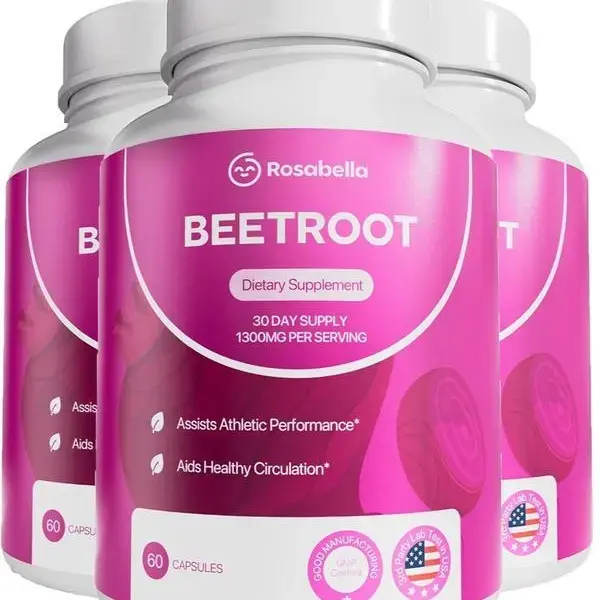 3 Bottles Rosabella Organic Beetroot Capsules (1300mg) for Blood Flow & Heart Health