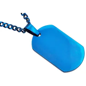 Mens Blue Plated Stainless Steel Engravable Dog Tag Pendant Necklace With 24" Blue Curb Chain