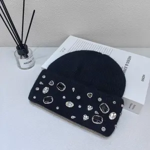Winter lady warm thick beanie cap 7colors fashion rhineston solid casual Knitted hat women Angora wool cap windproof Versatile