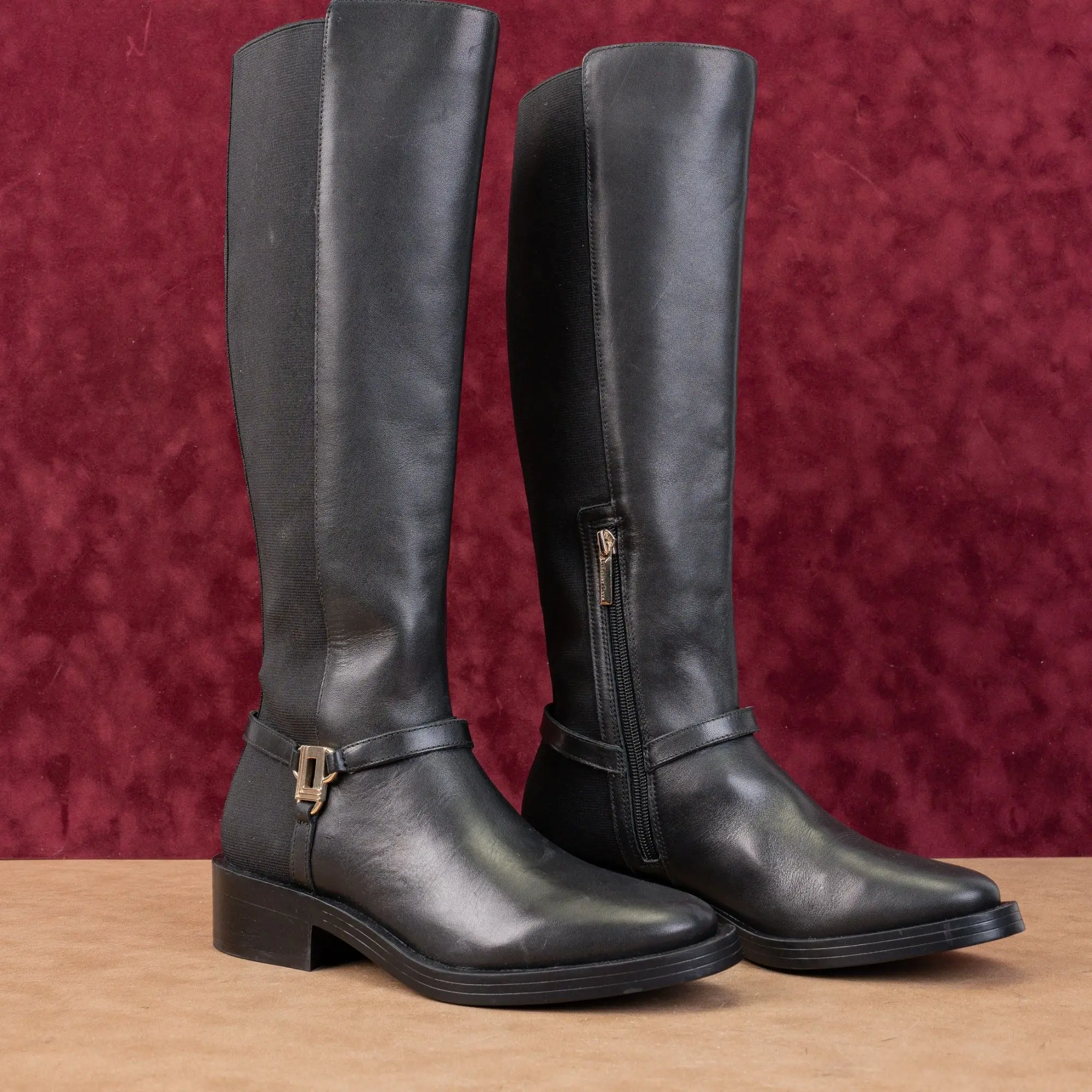 Karl Lagerfeld Paris Wmn Verill Black Leather Stretch Riding Boots 6.5US EUR37