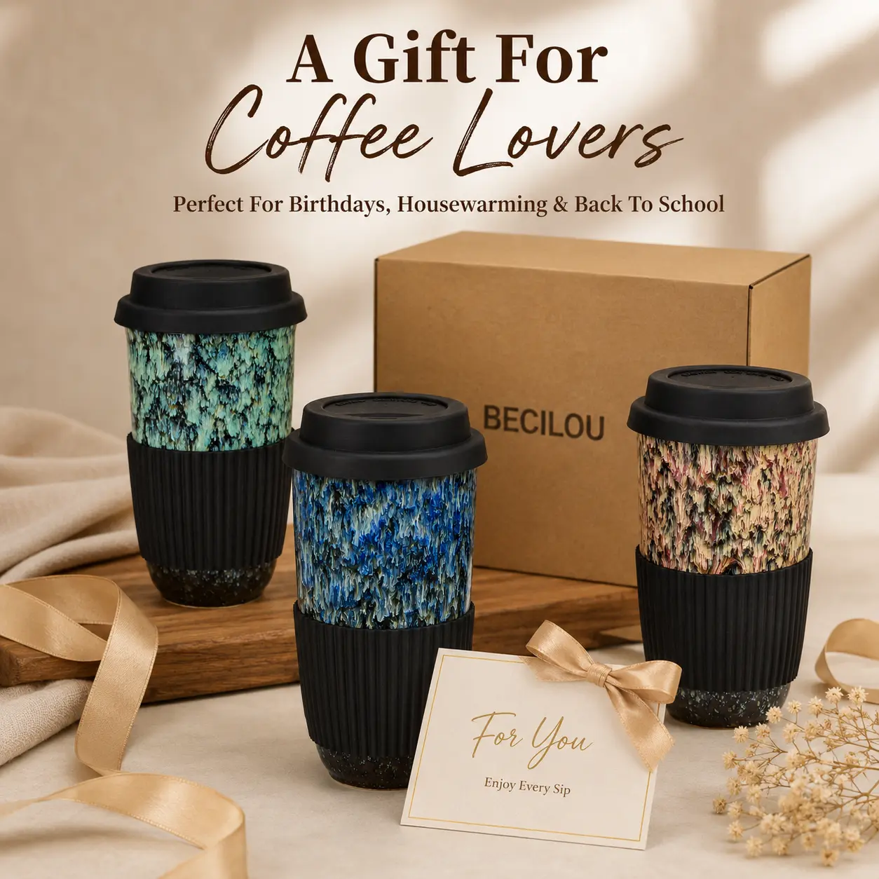 16 oz Ceramic Travel Coffee Mug, Unique Reactive-Glaze Cup with Silicone Lid and Heat-Resistant Sleeve, Gift for Women, Men, Coffee Lovers and Coworkers, Perfect for Birthdays, Holidays and Back-to-School