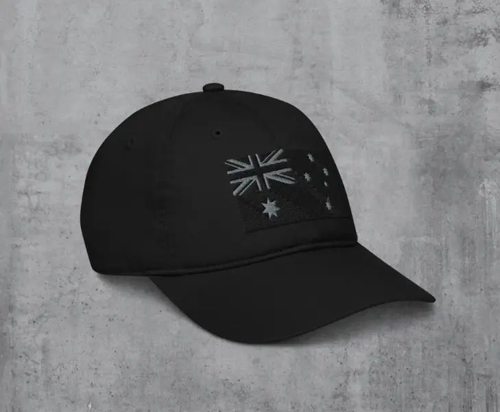 Modern Australian Flag Baseball Cap: Black & Grey - Simple, highlights modern style and color