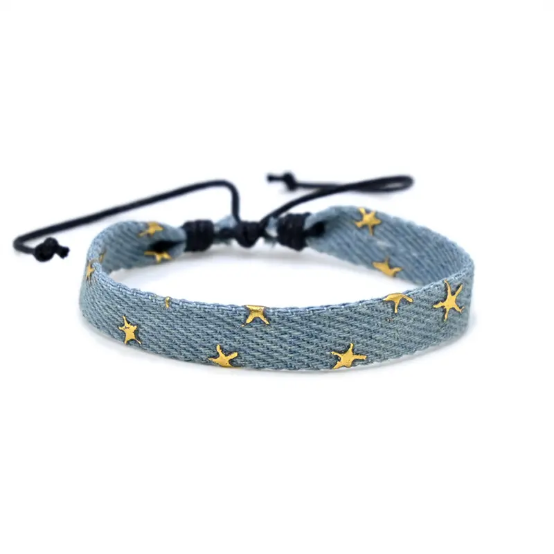 Vintage Star Pattern Blue Literary Denim Fabric Bracelet For Women Men Gothic Ethnic Handwoven Wrist Strap Fashion Jewelry Gift