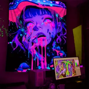 Mushroom Girl Dark Tapestry Cyberpunk Bedroom Gaming Room Bar Wall Decor, Bohemian Style Home Decoration, Background Cloth for Meditation Space