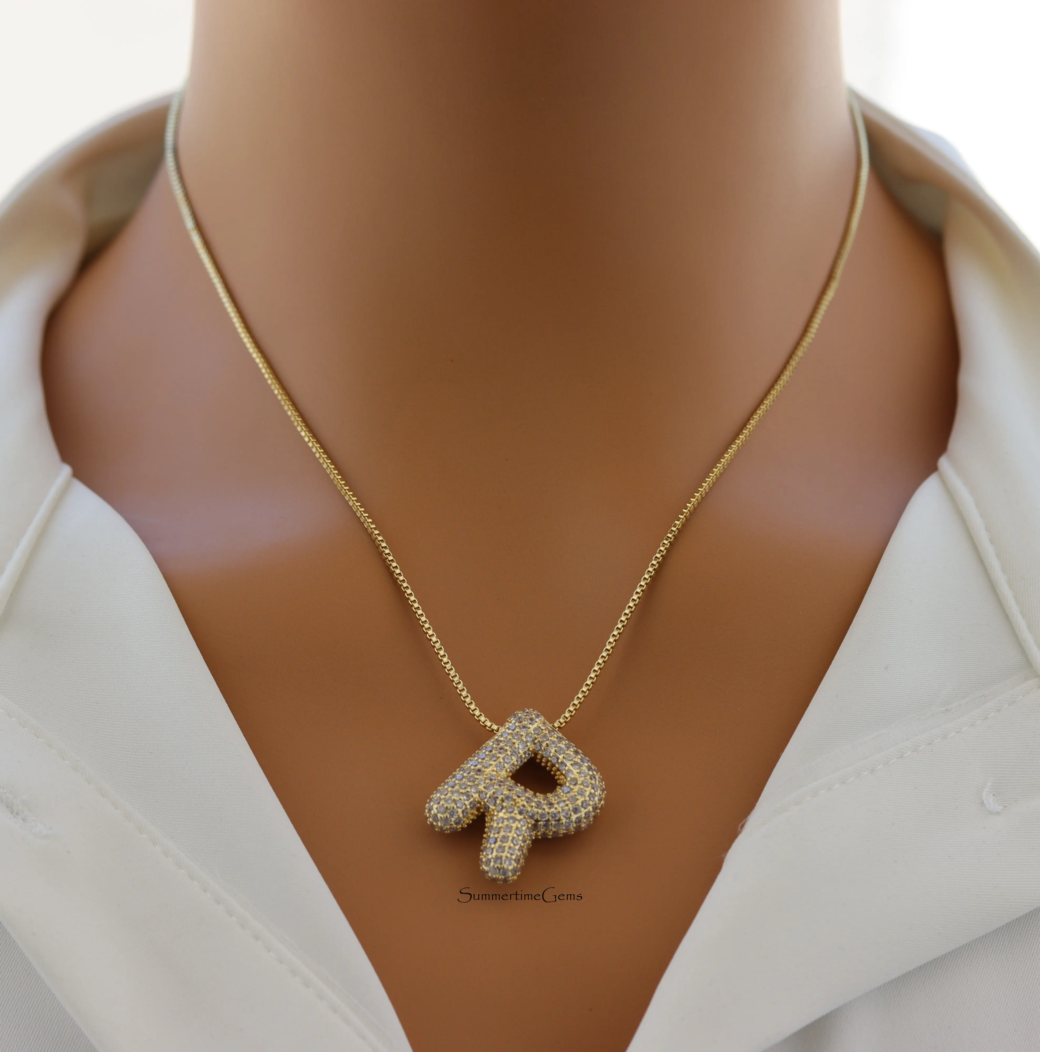 Pave Bubble Initial "R" Pendant Necklace – 100% Alloy Rhinestone Letter Necklace for Bold, Personalized Glam