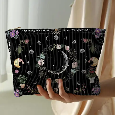 Floral & Moon Pattern Corduroy Makeup Bag, Large Capacity Zipper Cosmetic Storage Bag, Lightweight Multi-functional Toiletry Bag for Women & Girls, Travel Cosmetic Bags, Travel Essentials, Travel Accessory, Makeup Organizer Pouch, Travel Beauty Bag
