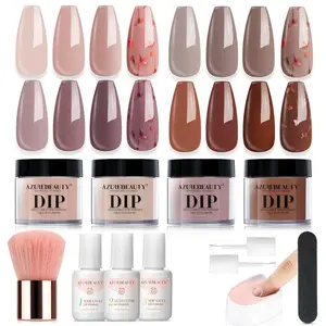 AZUREBEAUTY Dip Powder Nail Kit, 4 Colors Nude Dark Brown with Dried Flower Set, Fall Winter Natural Dipping Powder Starter Liquid Set Recycling Tray with Base & Top Coat Activator