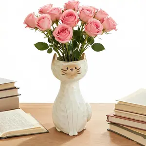 Frisky Kitty Tube Vase, Clem Marble Cat Shaped Ceramic Flower Vase, Quail Ceramics Lucky Cat Vase for Home Decor, Living Room, Bedroom, Office, Resin Material, 8 Inches, Cream White