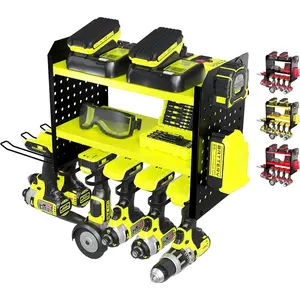 Power Tool Organizer-6 Drill Holder Wall Mount, 3 Tier Heavy-Duty Hand Tool Storage Rack, Utility Racks, Drill Holder, 2 Pegboard Sides - Garage Storage Cordless Tool Organizer (Green)