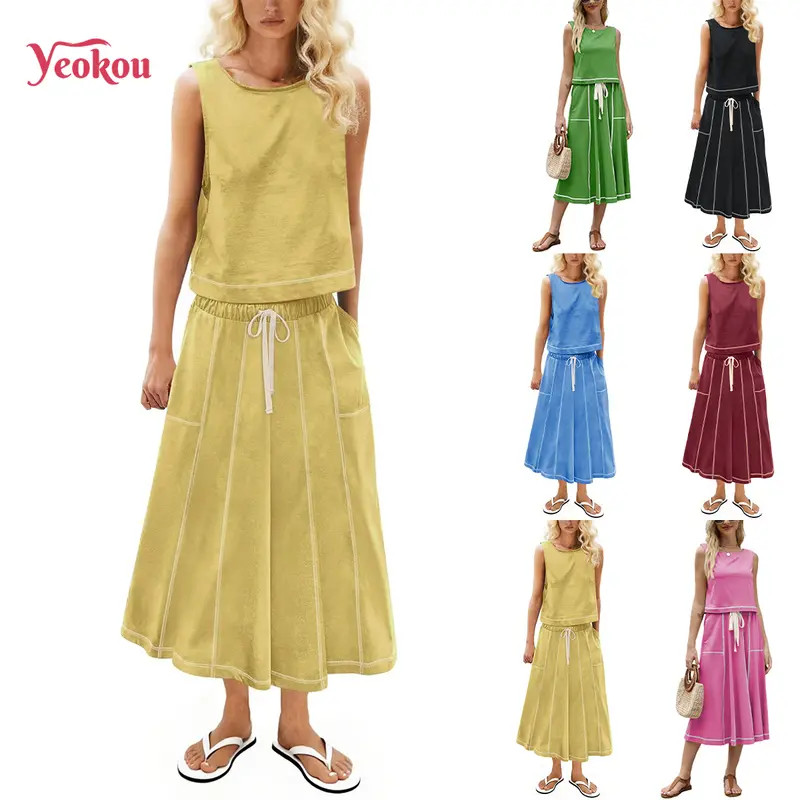 YeoKou Women's Breathable 2-Piece Sleeveless Tank & Skirt Set - High Neck, Drawstring Waist, Mid-Rise, Coordinating Fabric, Minimalist Sporty Chic Basics, 2 Piece Sets for Women (Boat Neck Wardrobe Staple)