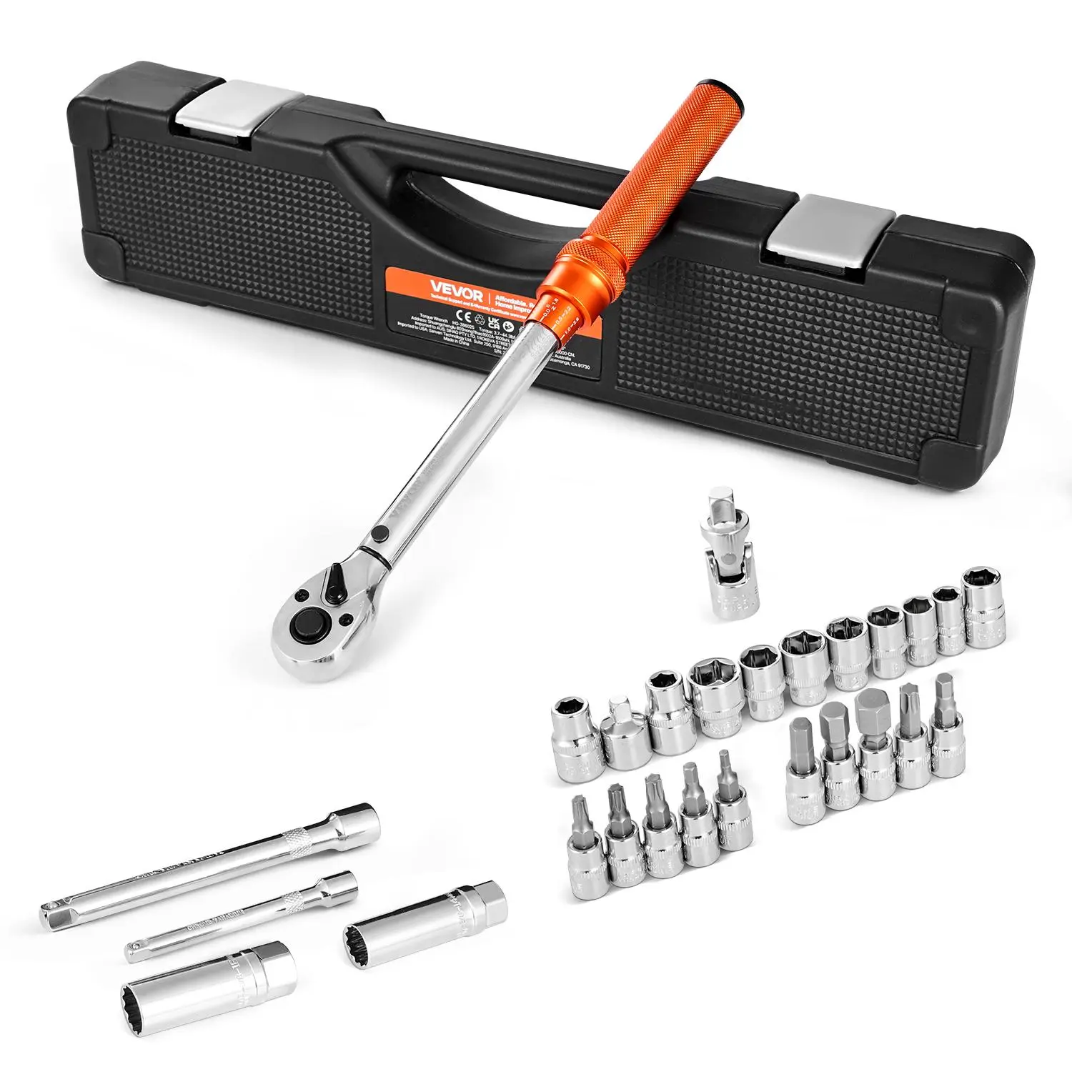 【summerfinds】VEVOR Click Torque Wrench Set, 3/8 Inch Drive, 5-60 N.m / 3.7-44.3 lbf.ft, Dual-direction, 72-Tooth, ±3% High Precision, with Sockets, Bits, Extension Bar, Spark Plug Sockets, Adapter, Orange, Socket Ratchet Wrench